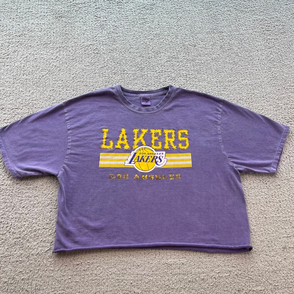 Los Angeles Lakers Purple Cropped Rhinestone Graphic T-Shirt Womens L NBA
